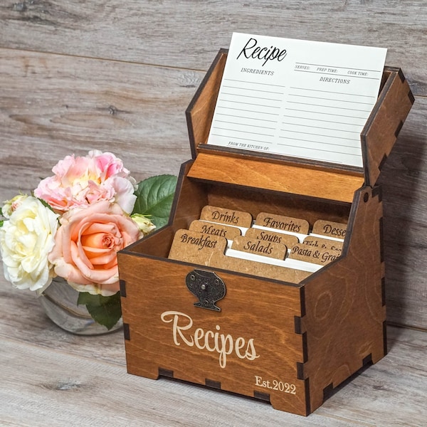 Recipe box with dividers & 4x6 recipe cards Personalized engraved wood box Bridal shower decor Mothers day gift Christmas