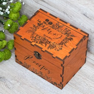 Recipe Box With Floral Frame, Dividers & 4x6 Recipe Cards Personalized Dark Engraved Wood Box for Bridal Shower, Mothers Day Gift