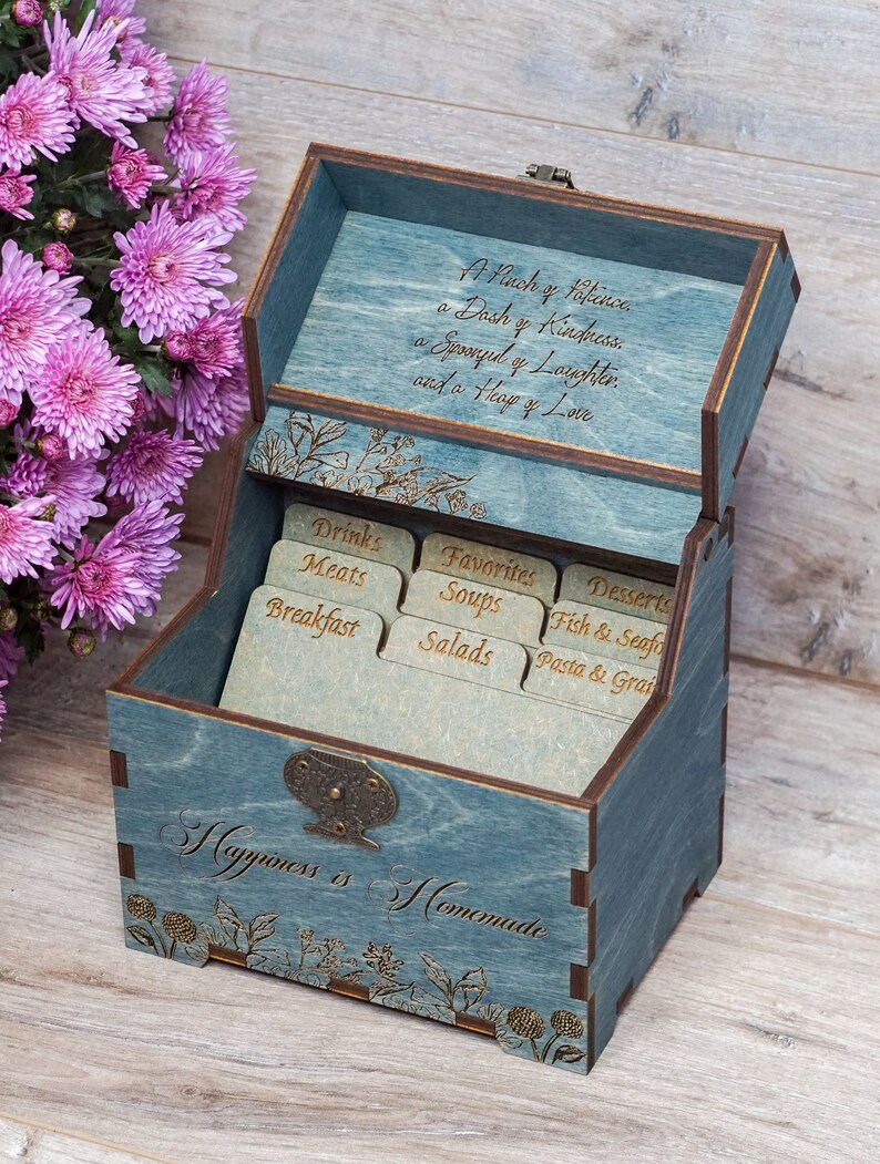 Rustic Recipe Box Labels Recipe Box With Floral Frame, Dividers & 4x6 Recipe Cards Personalized ...
