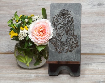 Wood Phone Holder with Lady For Desk, Day of the Dead, Personalized Engraved Phone Stand, Wooden Phone Docking Station, iPhone Holder