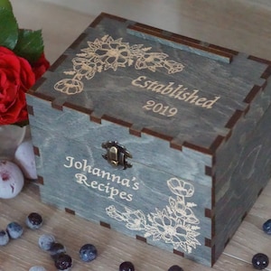4x6 Recipe box with dividers and recipe cards Personalized Engraved wood box Bridal shower Wedding Housewarming Mothers day Christmas gift