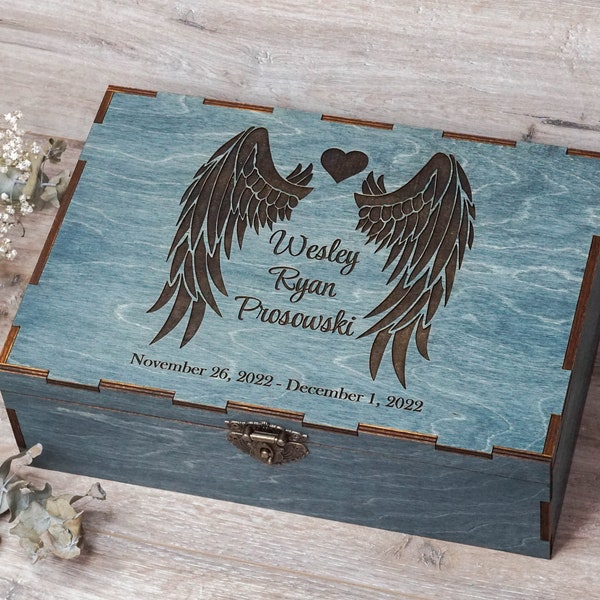 Personalized Wood Baby Keepsake Memory Box with Angel Wings, Engraved Wooden Memorial box, Custom Baby Loss Remembrance, Loss of a Child