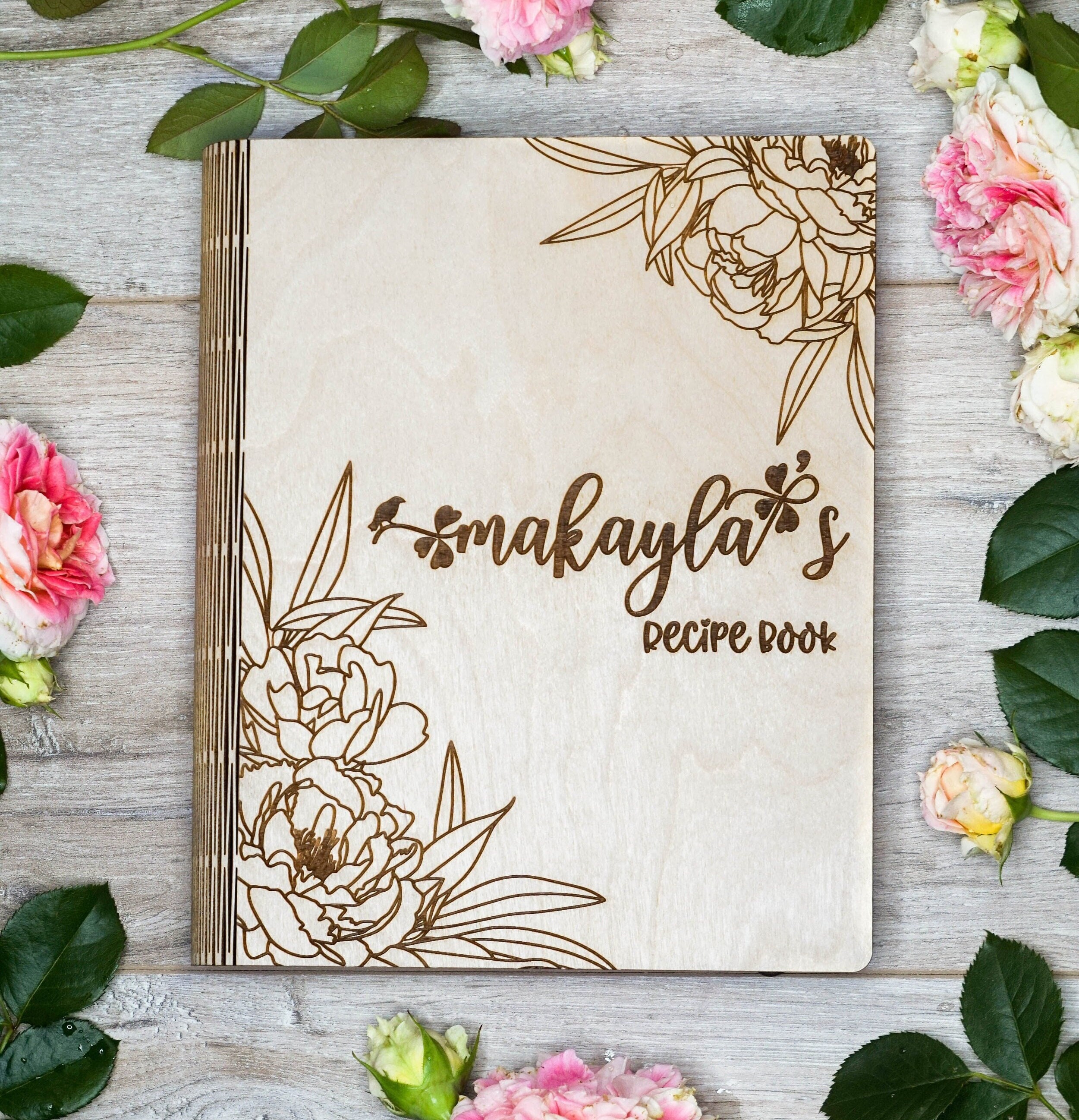 Personalized Wood Recipe Book With Tab Dividers, Peonies, Custom ...