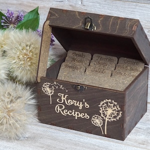 Recipe box with dandelions, dividers and recipe cards Personalized Engraved wood box Custom wooden box for 4x6 recipe cards