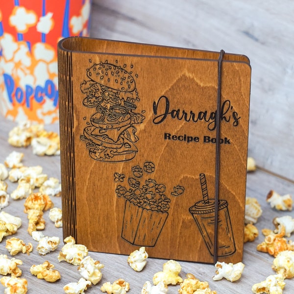 Personalized Wooden Recipe Book With Tab Dividers, Custom Cookbook Binder, Dark Engraved Wood Book, Cooking Journal, Fast Food