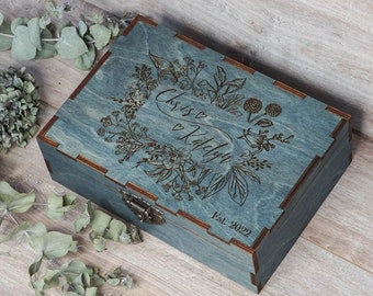 Personalized Floral Engraved Wood Keepsake Box, Wedding Memory Box