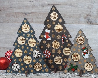 Set of 3 Personalized Wood Christmas Trees with Hand Painted and Engraved Christmas Ornaments, Home Decor Rustic Alternative Christmas Decor