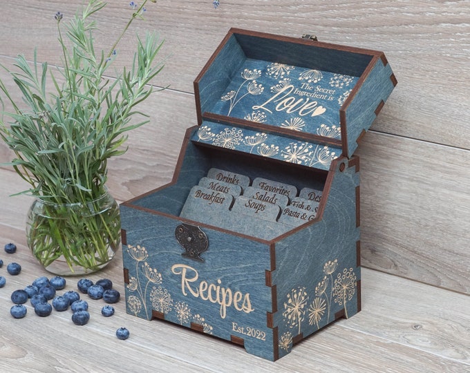 Personalized wood recipe box with dandelions, dividers & 4x6 recipe cards Engraved box Custom wooden recipe card box