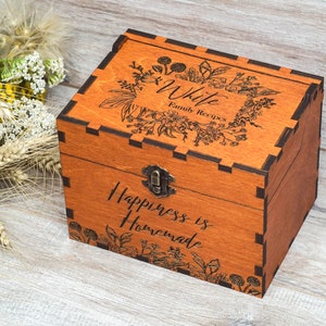 Recipe Box With Floral Frame, Dividers & 4x6 Recipe Cards Personalized Dark Engraved Wood Box for Bridal Shower, Mothers Day Gift