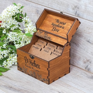 Recipe Box With Floral Frame, Dividers & 4x6 Recipe Cards Personalized Dark Engraved Wood Box for Bridal Shower, Mothers Day Gift
