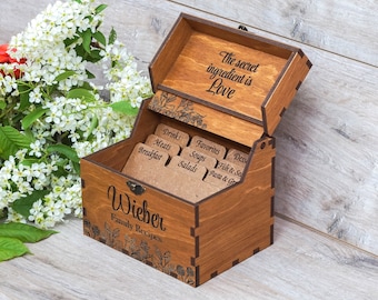 Recipe Box With Floral Frame, Dividers & 4x6 Recipe Cards Personalized Dark Engraved Wood Box for Bridal Shower, Mothers Day Gift