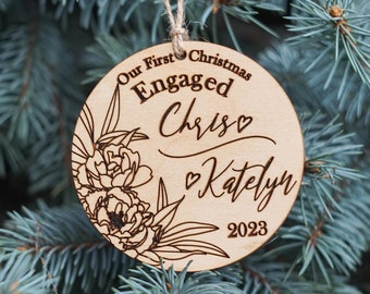 Our First Christmas Engaged Ornament with Flowers Gift Personalized Wood Ornament Couples Ornament Christmas Gifts Engagement