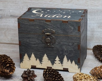 Recipe box with pine trees, dividers & 4x6 recipe cards  Personalized engraved wood box Bridal shower decor Mothers day gift Christmas