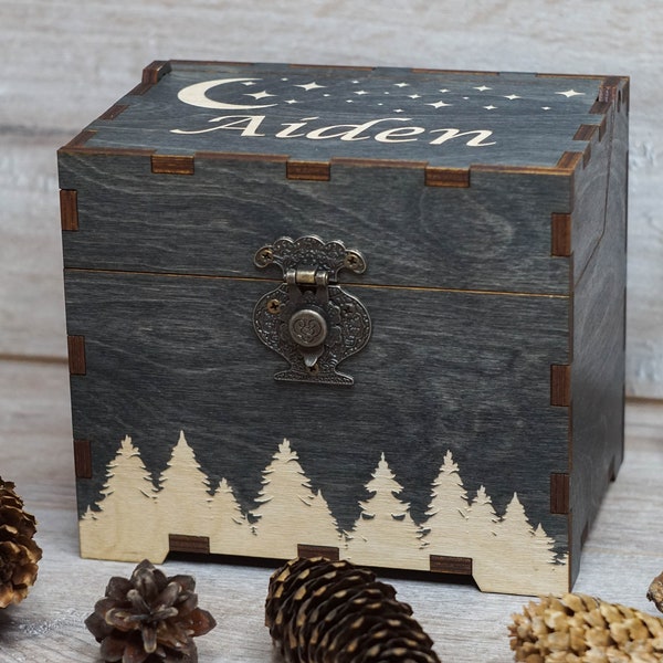 Recipe box with pine trees, dividers & 4x6 recipe cards  Personalized engraved wood box Bridal shower decor Mothers day gift Christmas