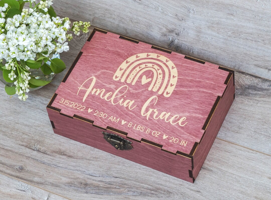 Personalized Wood Baby Keepsake Box With a Rainbow Engraved Etsy