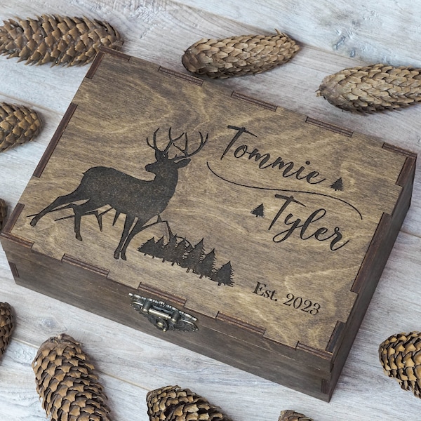 Personalized Wood Keepsake Box with Deer and Trees, Engraved Wood Memory box, Custom Engagement gift, Rustic Wooden Box for Couples