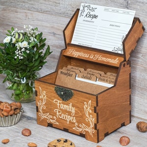 Recipe box with dividers & 4x6 recipe cards Personalized engraved wood box Bridal shower decor Mothers day gift Christmas