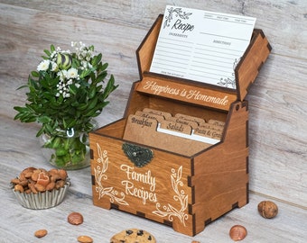 Recipe box with dividers & 4x6 recipe cards Personalized engraved wood box Bridal shower decor Mothers day gift Christmas