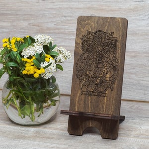 Wood Phone Holder with Steampunk Owl For Desk, Personalized Engraved Phone Stand With Gears, Wooden Phone Docking Station, iPhone Holder