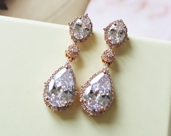 Rose Gold Vintage Style Bridal Earrings, Art Deco Crystal Earrings, Wedding Earrings, Crystal Teardrop earrings,  Bridal Jewelry, UK