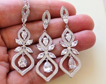 silver Bridal Earring And Necklace set, Wedding jewelry set Art Deco Style Jewelry set, Zirconia Earrings for Wedding Crystal Necklace Prom