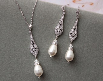 Bridesmaid Pearl Drop Earrings Bridal Earrings and necklace set Art Deco Wedding Earrings Zirconia Pearl earrings, Wedding Jewelry set  Gift