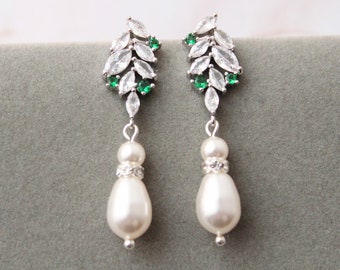 Silver Emerald Pearl bridal earrings  wedding jewelry crystal pearl drop earrings bridal jewelry bridesmaid earrings zirconia jewelry