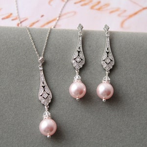Silver and Pink Bridal Earring and Necklace Set ,Blush  Art deco Wedding Jewelry Set, 1920s Pearl Vintage Style  Earrings, Gift  for her