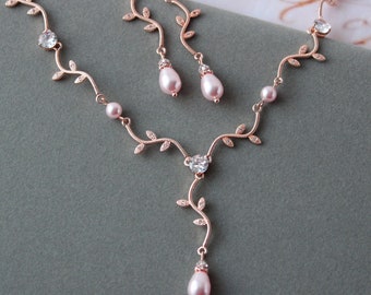 Rose Gold Blush Pink Bridal Jewelry Set Leaf Bridal Necklace And Earrings Blush Pearl Drop Earrings Wedding Jewelry set Pearl jewellery gift