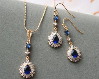 Gold Sapphire Blue Teardrop Bridal Necklace And Earring Set Wedding Earrings Crystal bridal earrings Vintage style wedding jewellery set