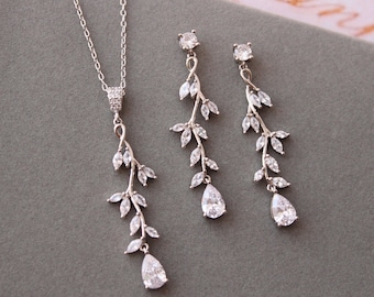 Silver Leaf Crystal drop Bridal Jewellery set, Wedding necklace and  Earrings, Wedding Earrings,  Dangle Earrings, Wedding Jewelry set Prom