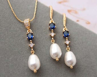 Gold Sapphire Blue Bridal Earring and Necklace Set ,Pearl Drop Wedding Jewelry Set, Vintage Style  Pearl Earrings, Bridal earring set, Gift