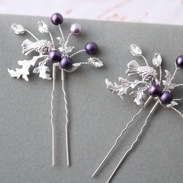 Plum Aubergine Scottish Thistle Bridal Hair Pin Wedding hair pin Purple Bridal Hair Piece Wedding Headpiece Hair Accessory Thistle Hair Vine