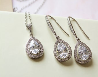 Silver Bridal Zirconia Drop Earrings Art Deco Crystal Earring Necklace set,  Wedding Earrings, Bridal Jewellery Set, Wedding Jewelry Prom