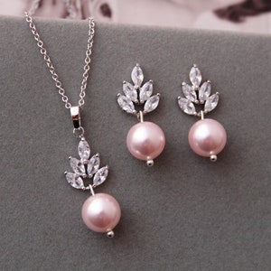 Blush pink Bridal Earrings And Necklace set, Art Deco Earrings, Petite Pearl Earrings, Wedding Earrings, Wedding Jewelry set, Bridal jewelry