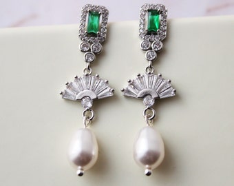 Silver Emerald Bridal Earrings Wedding Jewelry Art Deco Earrings Pearl Drop Earrings CZ Wedding Earrings  Pearl Earrings Bridal Jewelry