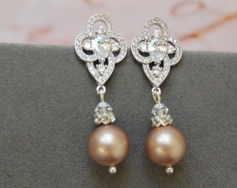 Champagne Pearl drop Bridal Earrings Wedding Earrings for brides Art Deco Earrings Bridesmaid Pearl Earrings Wedding jewelry Bridal jewelry