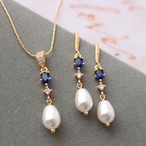 Gold Sapphire Blue Pearl Wedding Jewelry Set, Vintage Style Bridal Necklace Earrings