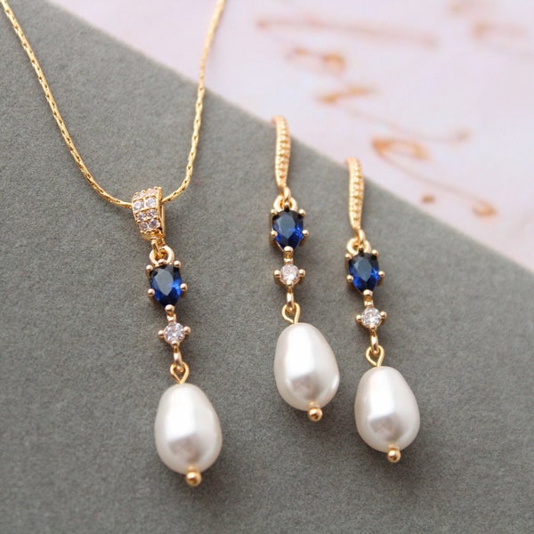 Gold Sapphire Blue Bridal Earring and Necklace Set ,Pearl Drop Wedding Jewelry Set, Vintage Style  Pearl Earrings, Bridal earring set, Gift