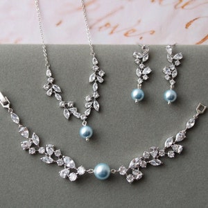Silver and Blue  Bridal Jewelry set Pearl Drop Earrings Wedding necklace and earring set Bridal bracelet set Wedding Jewelry,  Gift for her