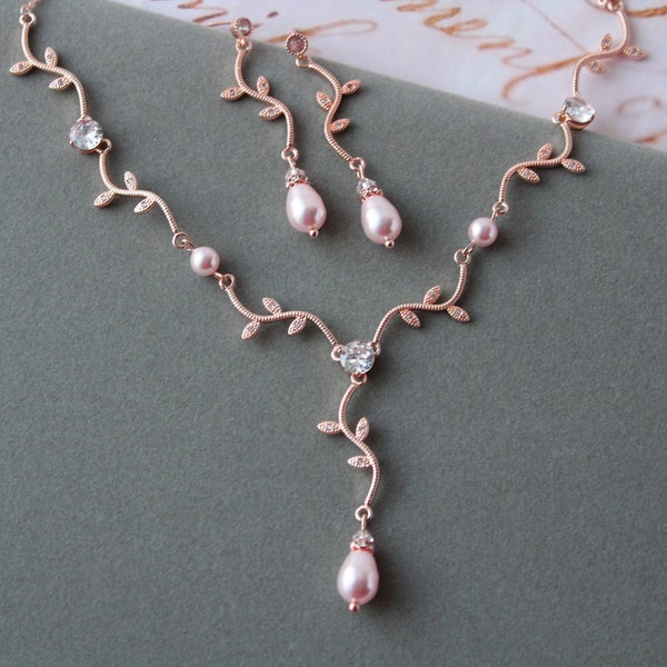 Rose Gold Blush Pink Bridal Jewelry Set Leaf Bridal Necklace And Earrings Blush Pearl Drop Earrings Wedding Jewelry set Pearl jewellery gift