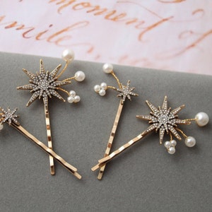 Horquillas para el cabello con forma de estrella dorada: tocado celestial con perlas de diamantes de imitación, pasador con clip de estrella para dama de honor