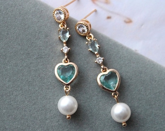 Light Blue Bridal Earrings, Wedding earrings, Art Deco  Earrings, Pearl Drop Earrings 1920s  Heart Wedding Jewelry Bridesmaid earrings prom