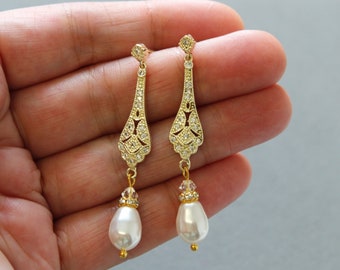 Boucles d'oreilles en or Art déco, boucles d'oreilles de demoiselle d'honneur, clous de mariée, boucles d'oreilles de mariage pendantes, boucles d'oreilles en perles de zirconium, bijoux de mariage, cadeau