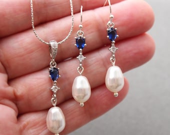Art Deco Pearl Bridal Jewellery Set: Silver Sapphire Blue Pearl Drop Earrings Necklace Bridesmaid