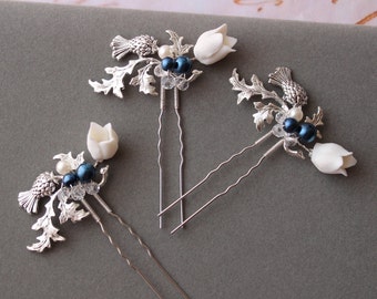 Silver Navy Blue Thistle  Bridal Hair pins Scottish Bridal Headpiece Wedding hair pin Bridal Hair clip Prom Hair accessory Bridesmaid gift