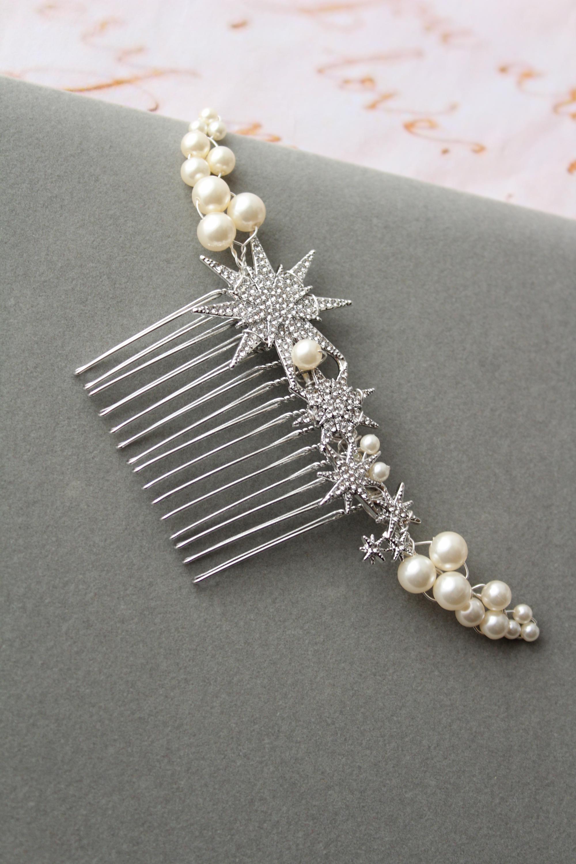 Silver Celestial Star Wedding Hair Comb: Starburst Pearl 