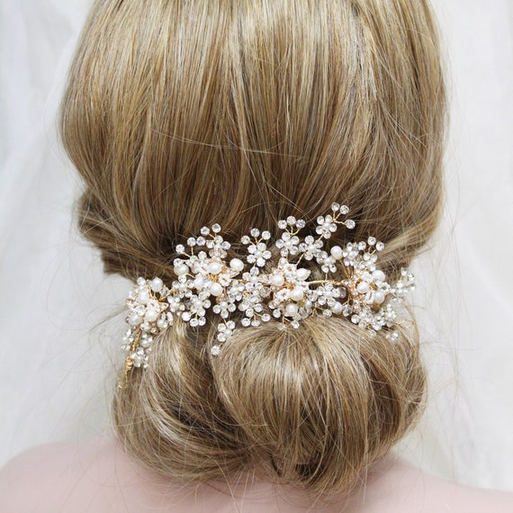 Gold Wedding Hair Vine: Crystal Freshwater Pearl Bridal  display picture 1
