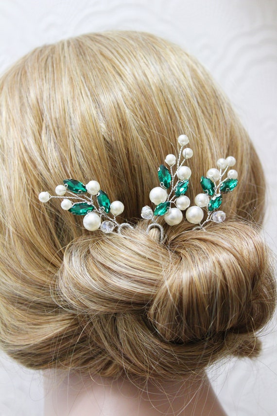 Crystal Bride Wedding Hair Pins Silver Hair Piece Bridal Flower Green White Silk Flower 2 PC Bridal Hairpin Set, Silk Flower  main image 4