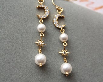 Gold Starburst Bridal Jewellery Set: Celestial Moon Star Earrings, Necklace Pearl Wedding Jewelry